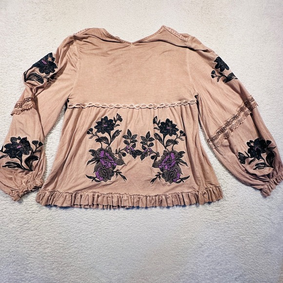 POL Clothing Embroidered Boho Top Womens S Mauve Floral Lace Up SMT505 Bohemian - Picture 2 of 11